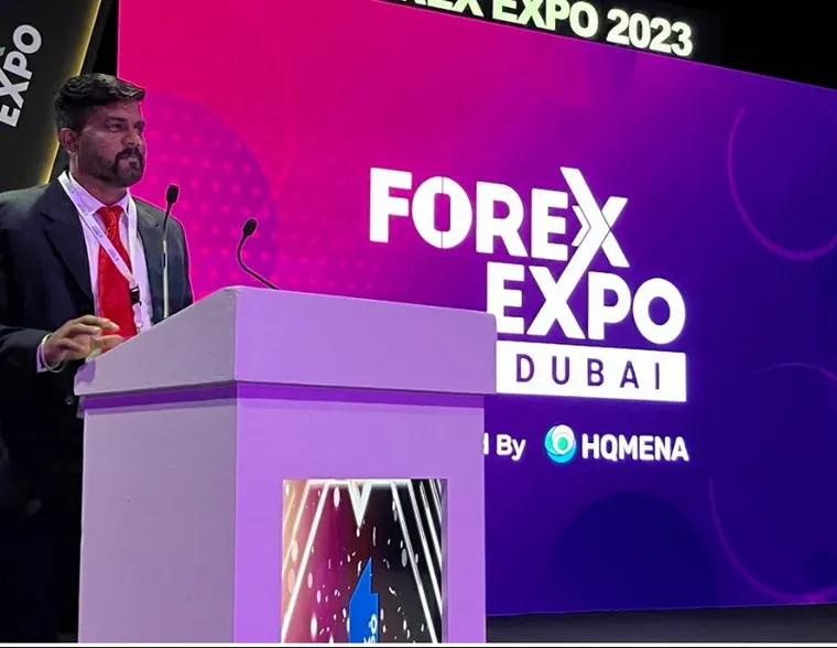Venkatesh M, Chief Trainer of Money Door FX Academy, speaking at Forex Expo Dubai 2023